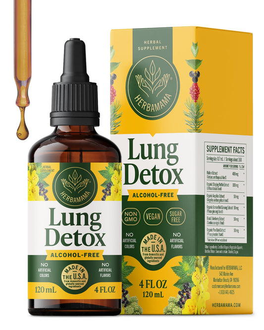 HERBAMAMA Lung Cleanse Drops bottle front—vegan formula for respiratory support.