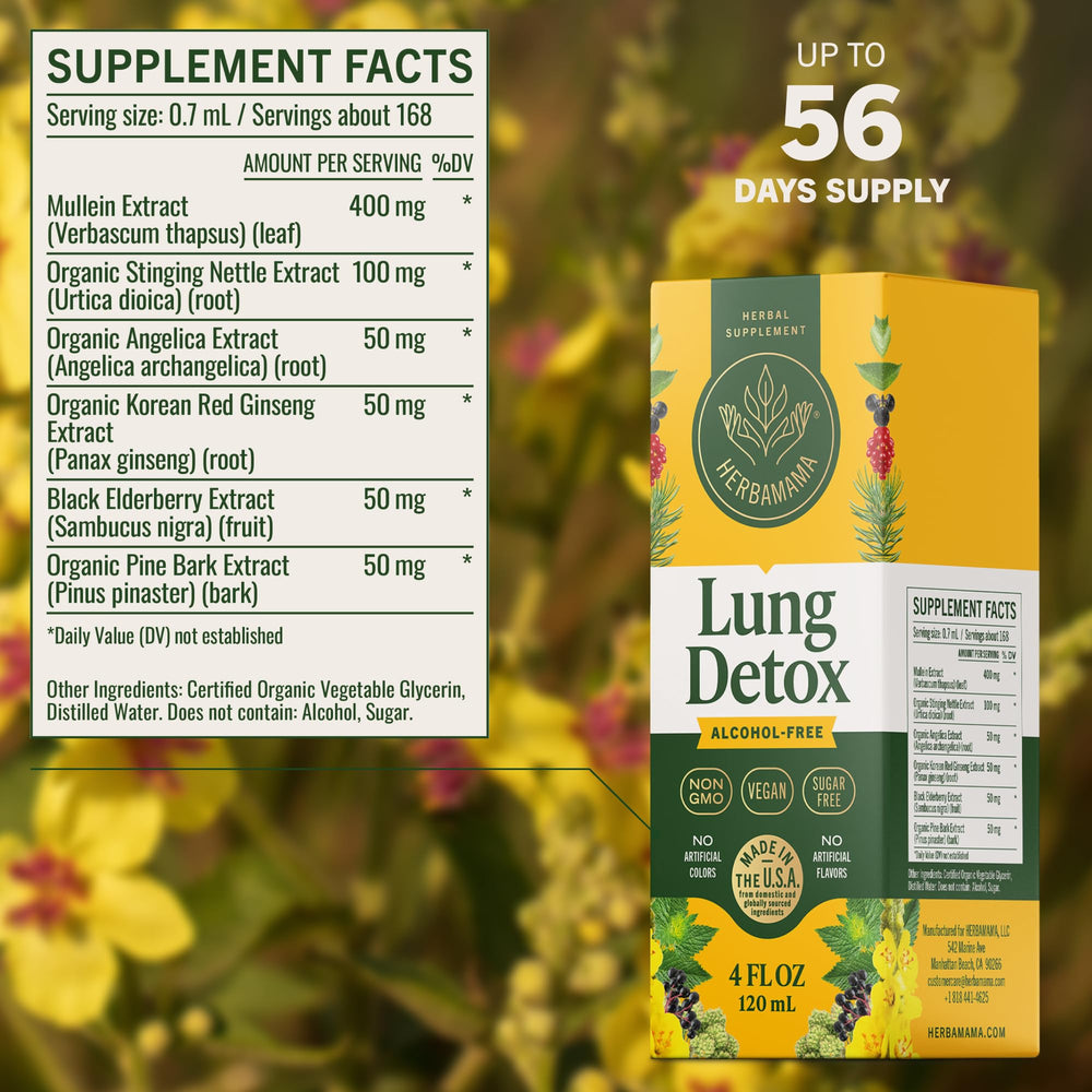 Glass of water with HERBAMAMA Lung Cleanse Drops for daily intake.