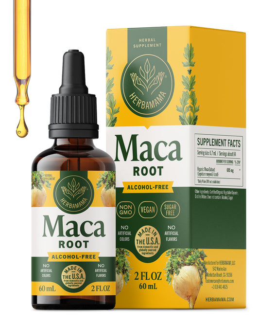 Herbamama Maca liquid drops bottle label highlighting vegan formula for daily well-being.