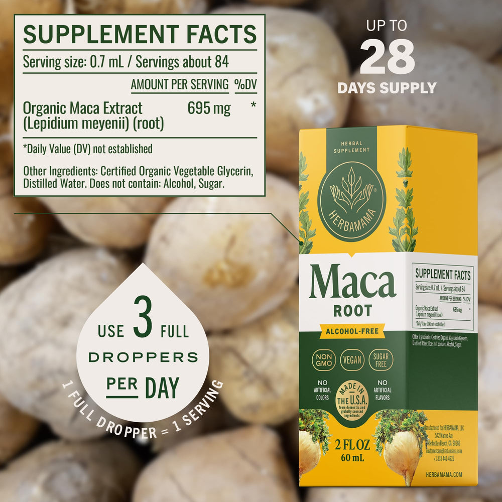 Herbamama Maca drops added to water for versatile daily use.
