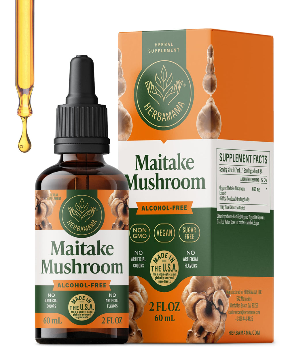 Herbamama Maitake tincture bottle promoting vegan immune support in a convenient liquid