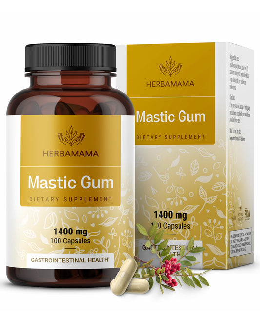 Herbamama mastic gum capsules in a bottle for vegan, non-GMO digestive support.