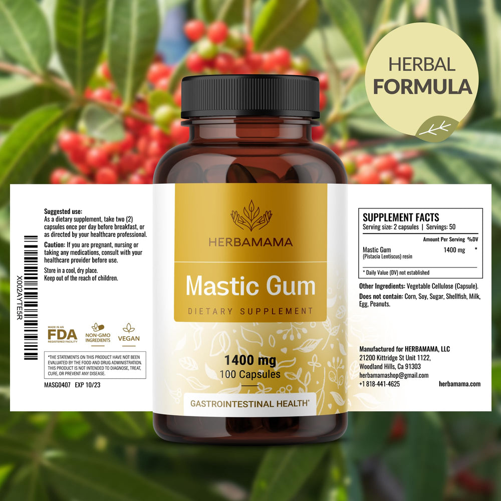 Herbamama mastic gum label shows dosage guidance for daily use.
