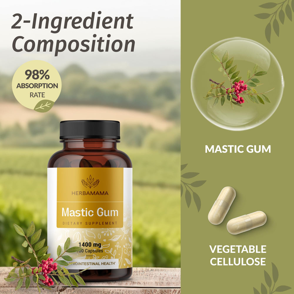 Herbamama mastic gum capsules ready for on-the-go daily use.