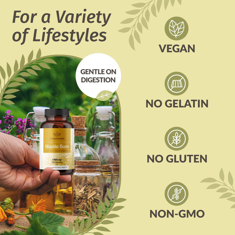 Herbamama mastic gum capsules highlight vegan, non-GMO resin composition.