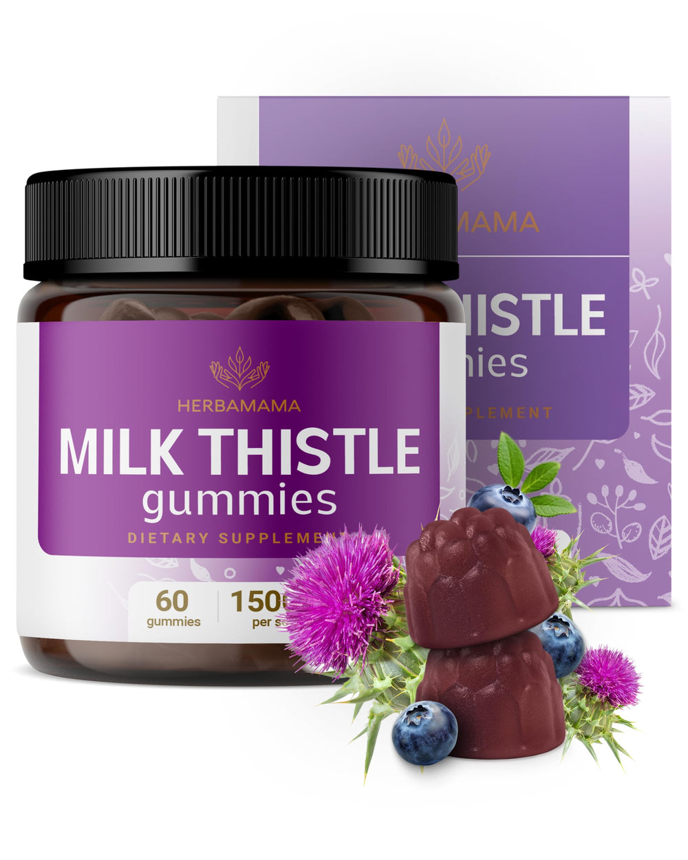 HERBAMAMA milk thistle bottle shows 60 vegan gummies for daily liver support.