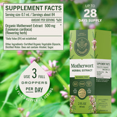 HERBAMAMA Motherwort bottle label close-up highlighting the three-ingredient formula.