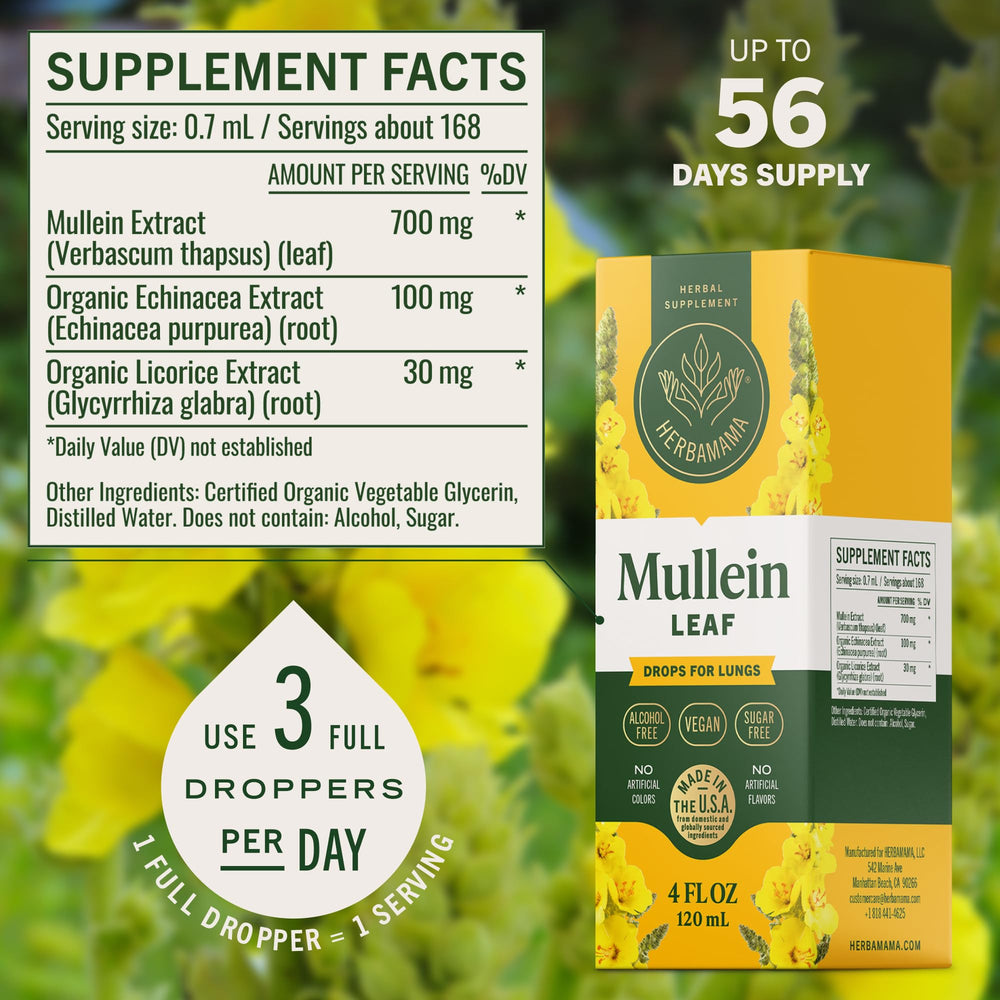 HERBAMAMA Mullein Drops ingredient label showing mullein, echinacea, licorice