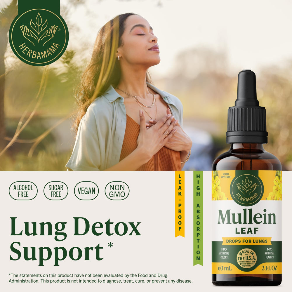 HERBAMAMA Mullein Drops label close-up showing vegan, non-GMO formulation.