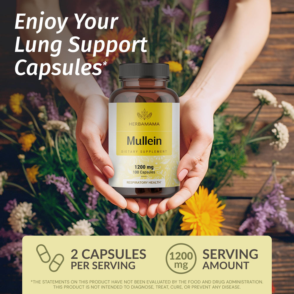 Closeup of HERBAMAMA Mullein Leaf Capsules highlighting the simple two-ingredient formula.