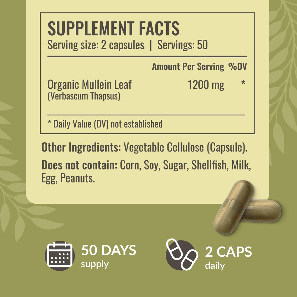 HERBAMAMA Mullein Leaf Capsules label emphasizes vegan, non-GMO, additive-free quality.