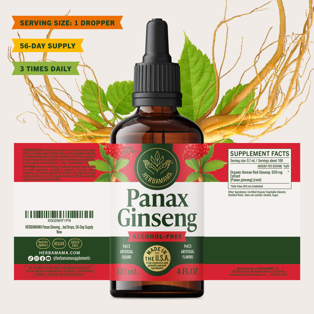HERBAMAMA Panax Ginseng tincture packaging and 56-day supply box.