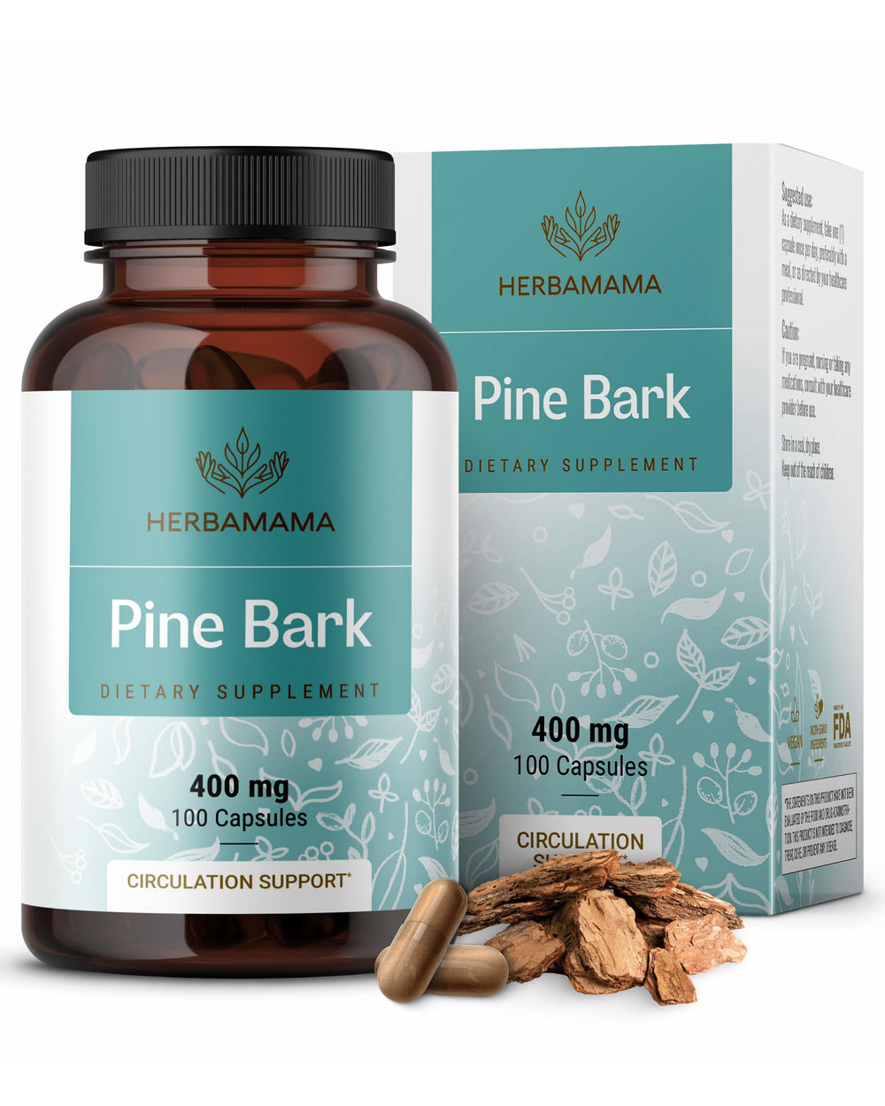 HERBAMAMA Pine Bark Capsules 400mg bottle close-up, convenient daily antioxidant support.