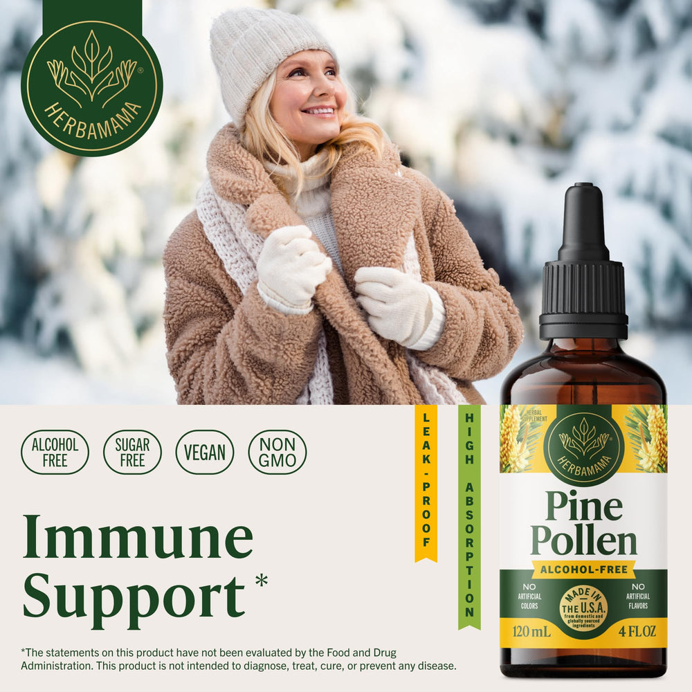 HERBAMAMA Pine Pollen tincture dropper showing easy dosing for busy days