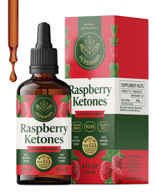 HERBAMAMA Raspberry Ketones bottle shows a simple three-ingredient formula for daily support.