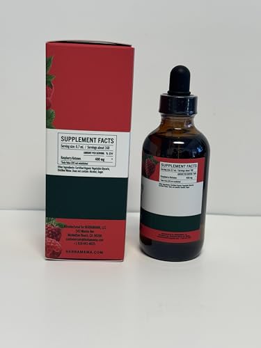 HERBAMAMA Raspberry Ketones tincture dropper highlights vegan, alcohol-free formulation.