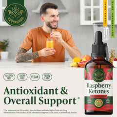 HERBAMAMA Raspberry Ketones vegetarian formula label emphasizes plant-based glycerin base.