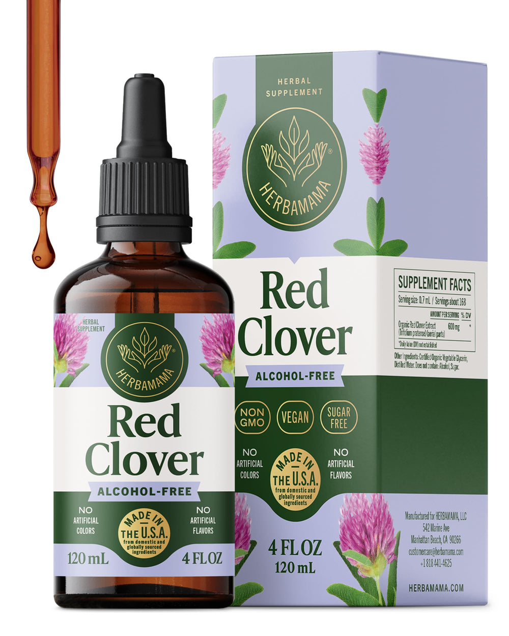 HERBAMAMA Red Clover Drops bottle, antioxidant-rich vegan tincture for daily wellness.