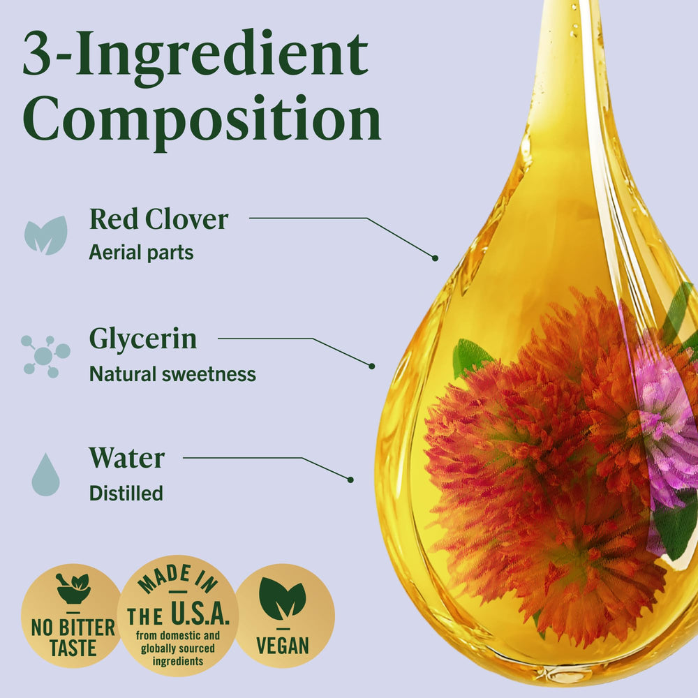 Close-up of ingredients: red clover, glycerin, and water in a pure formula.