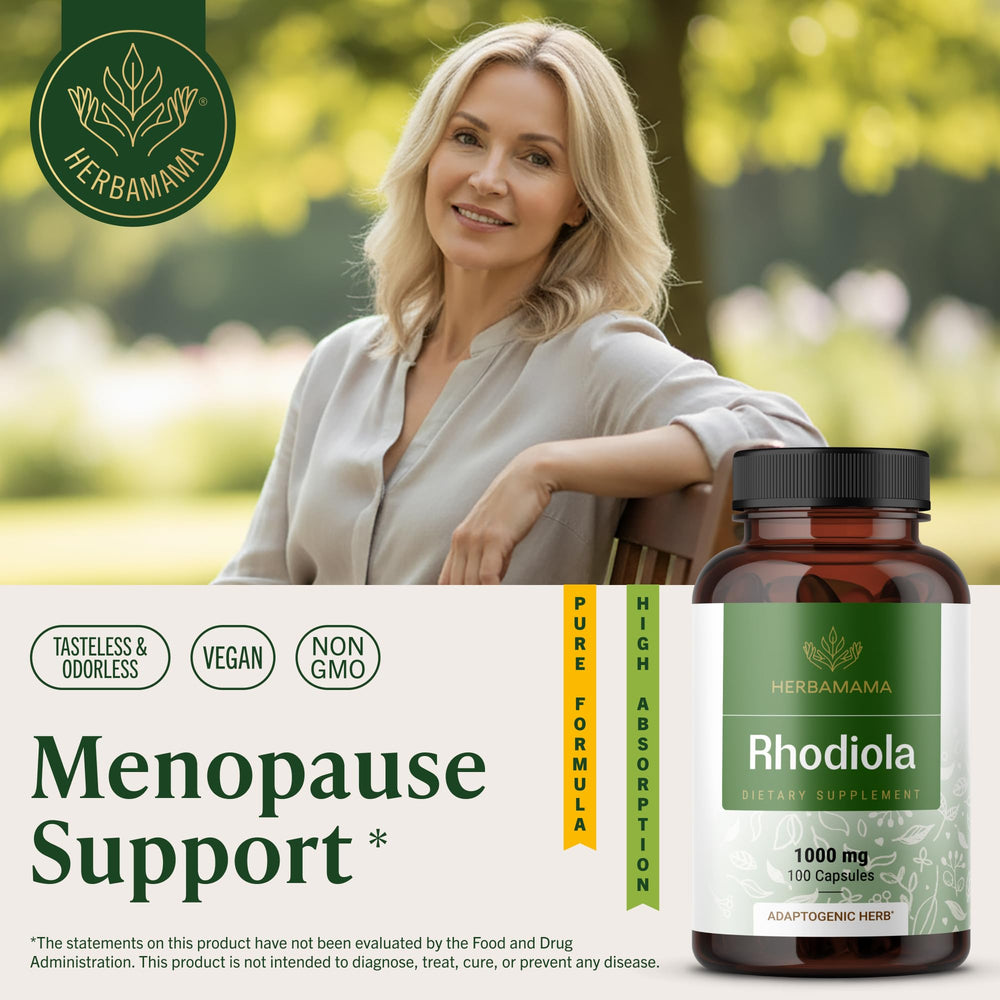HERBAMAMA Rhodiola capsule bottle close-up shows 1000mg per serving for daily relaxation