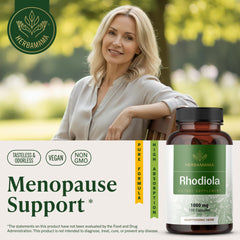 HERBAMAMA Rhodiola capsule bottle close-up shows 1000mg per serving for daily relaxation