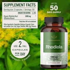 HERBAMAMA Rhodiola capsule packaging demonstrates a simple two-ingredient formula for daily use