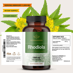 HERBAMAMA Rhodiola non-GMO capsule image communicates pure ingredients for menopause-friendly routines