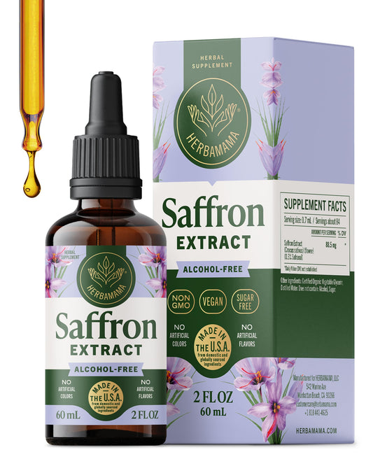 HERBAMAMA saffron tincture bottle on a clean surface, premium mood-support option.