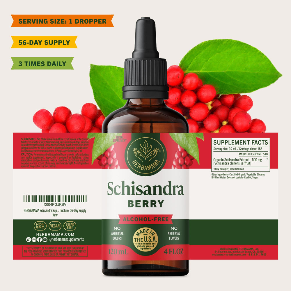 Shake-before-use action with HERBAMAMA Schisandra bottle and droplet visible.