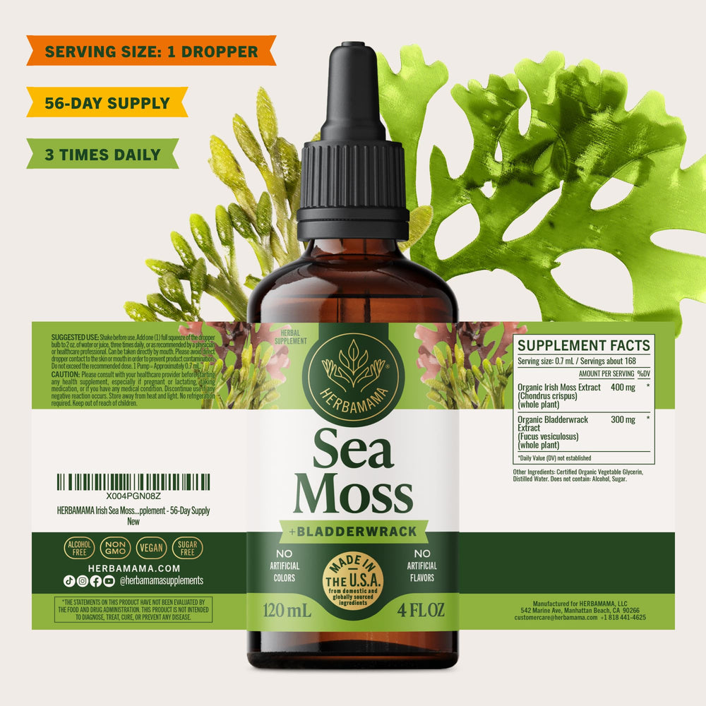 HERBAMAMA sea moss and bladderwrack on kitchen shelf ready for daily supplementation.