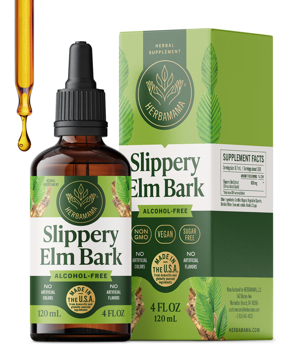 HERBAMAMA Slippery Elm Drops bottle front, vegan, alcohol-free formula for daily support