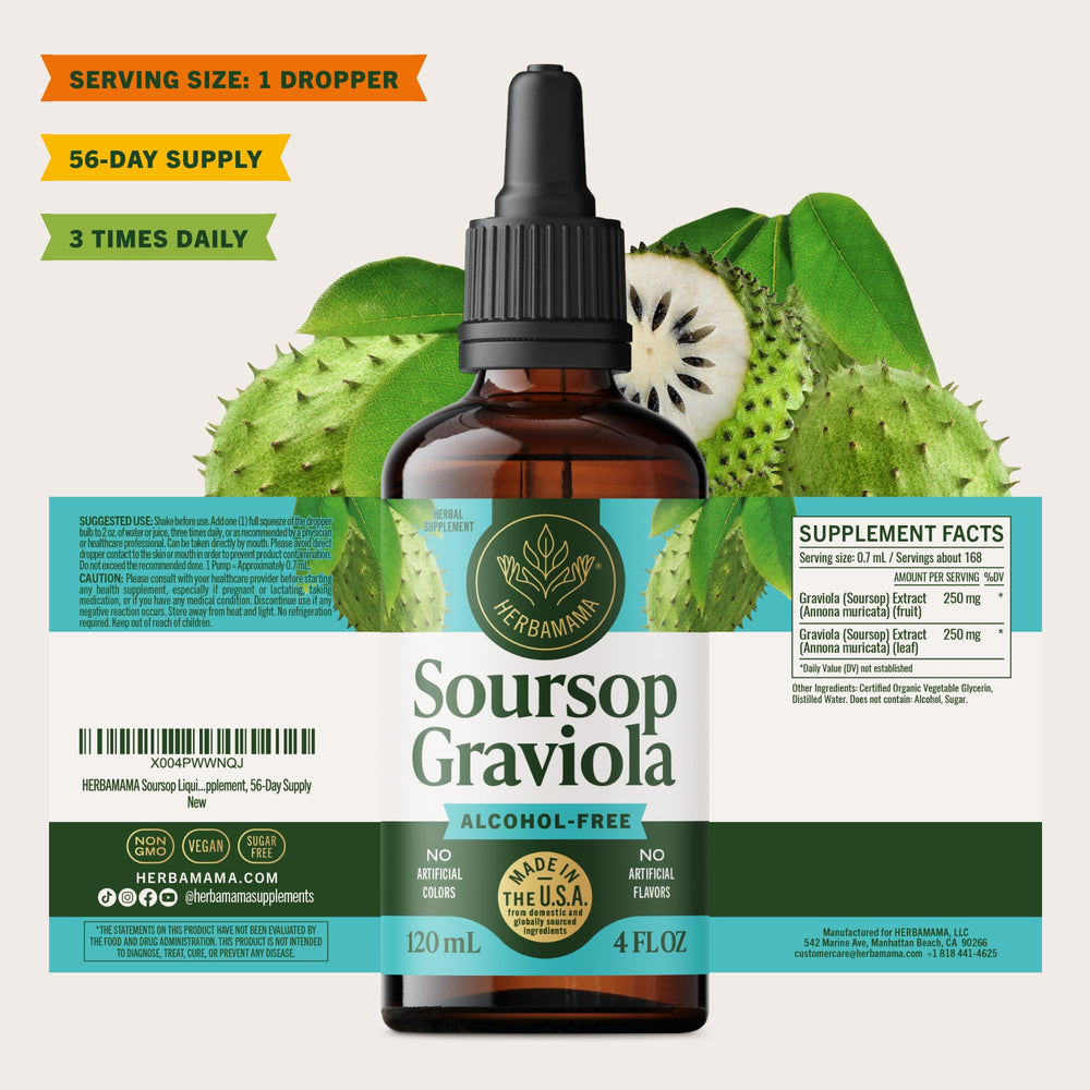 HERBAMAMA Soursop drops bottle with lifestyle setting for daily routine.