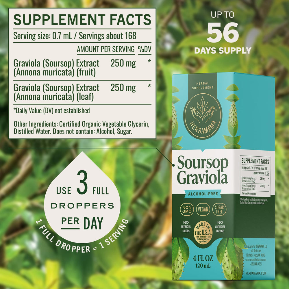 HERBAMAMA Soursop liquid bottle close-up, gentle taste from glycerin.
