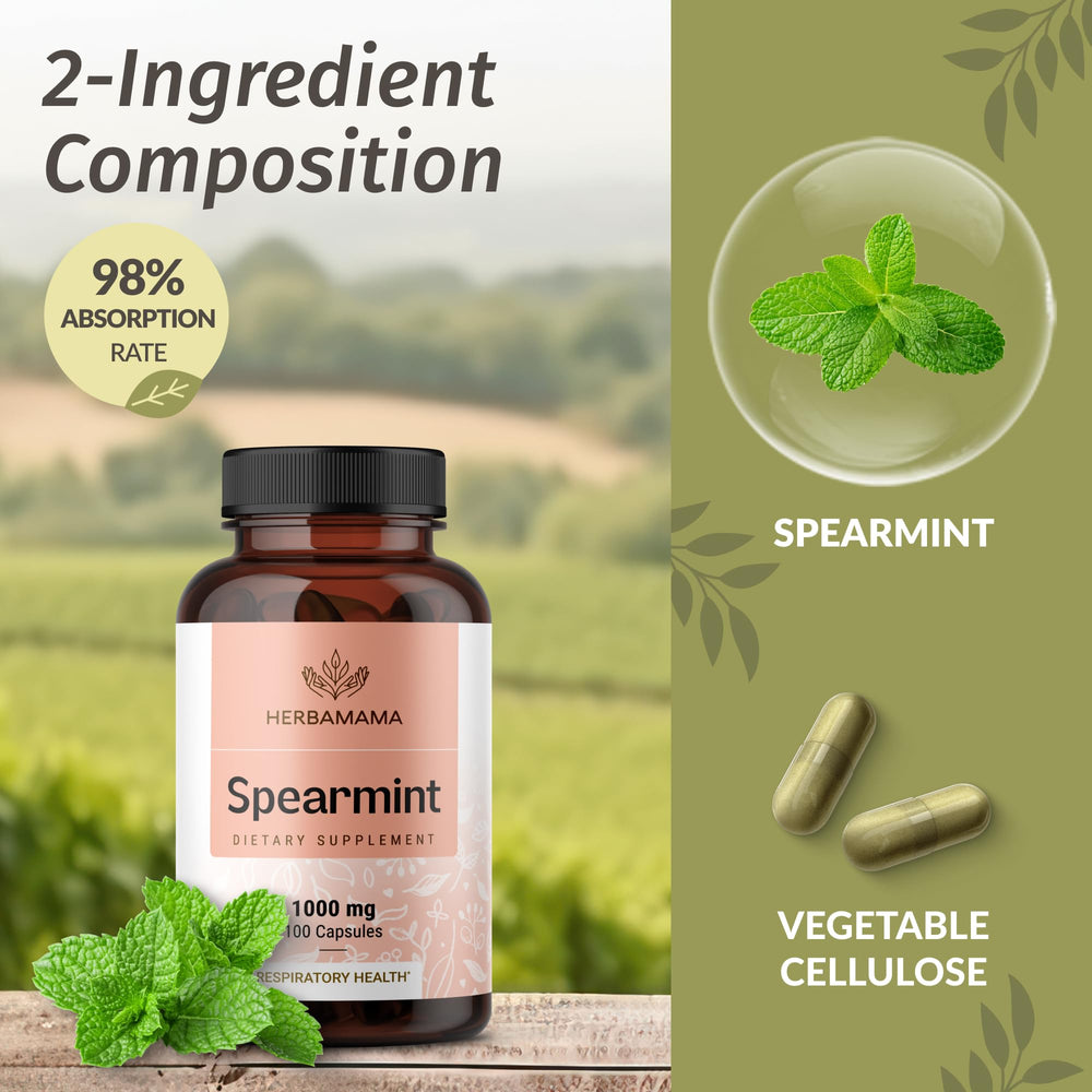 HERBAMAMA Spearmint Capsules close-up shows plant-based, clean formula.