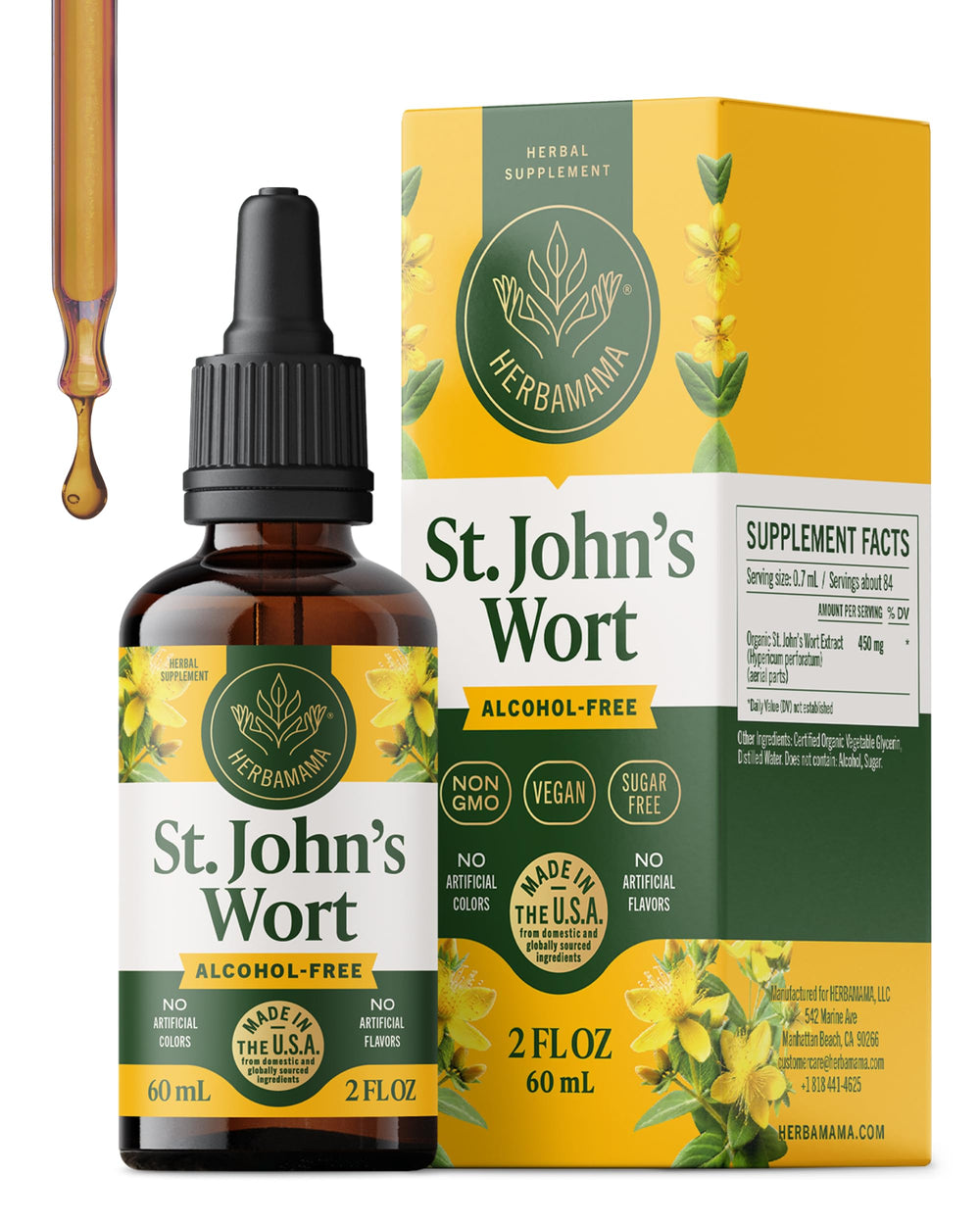 HERBAMAMA St. John's Wort tincture bottle for vegan mood support and calm.