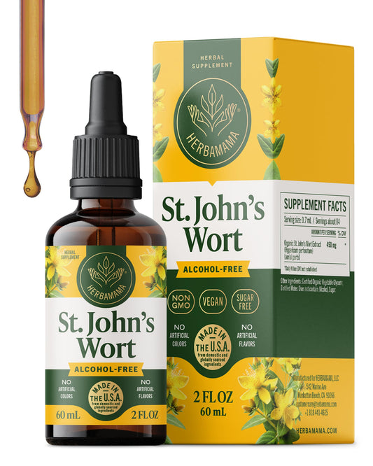 HERBAMAMA St. John's Wort tincture bottle for vegan mood support and calm.