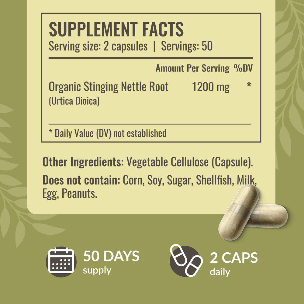 Herbamama stinging nettle capsules front label focuses on simple two-ingredient formula.