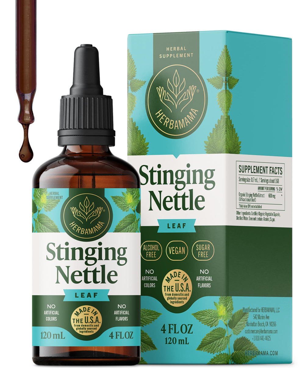 HERBAMAMA Stinging Nettle Tincture bottle highlights vegan urinary support for daily wellness.