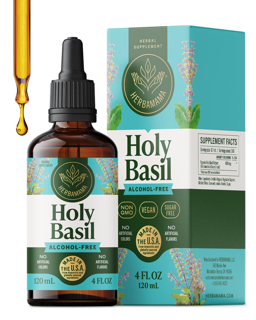 HERBAMAMA Tulsi tincture bottle with dropper for daily relaxation.