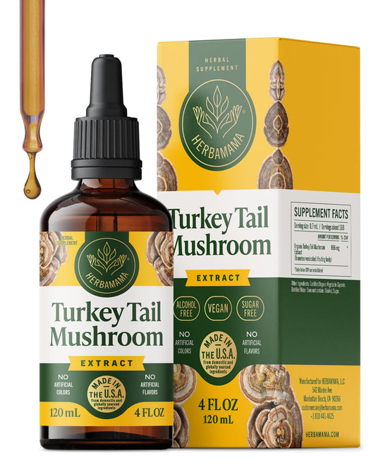 HERBAMAMA Turkey Tail tincture bottle on a clean surface for vegan immune support