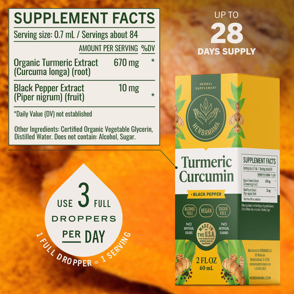 HERBAMAMA Turmeric Drops ingredients label emphasizing vegan, no alcohol or sugar.
