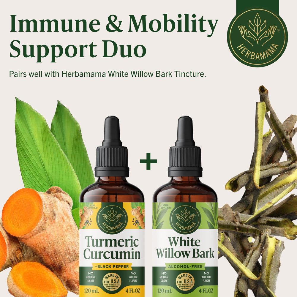 Herbamama bottle beside turmeric root and black pepper.