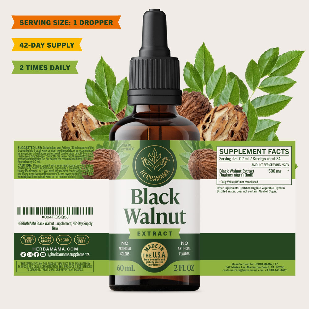 HERBAMAMA bottle beside plant-based snacks signals vegan, non-GMO formula.
