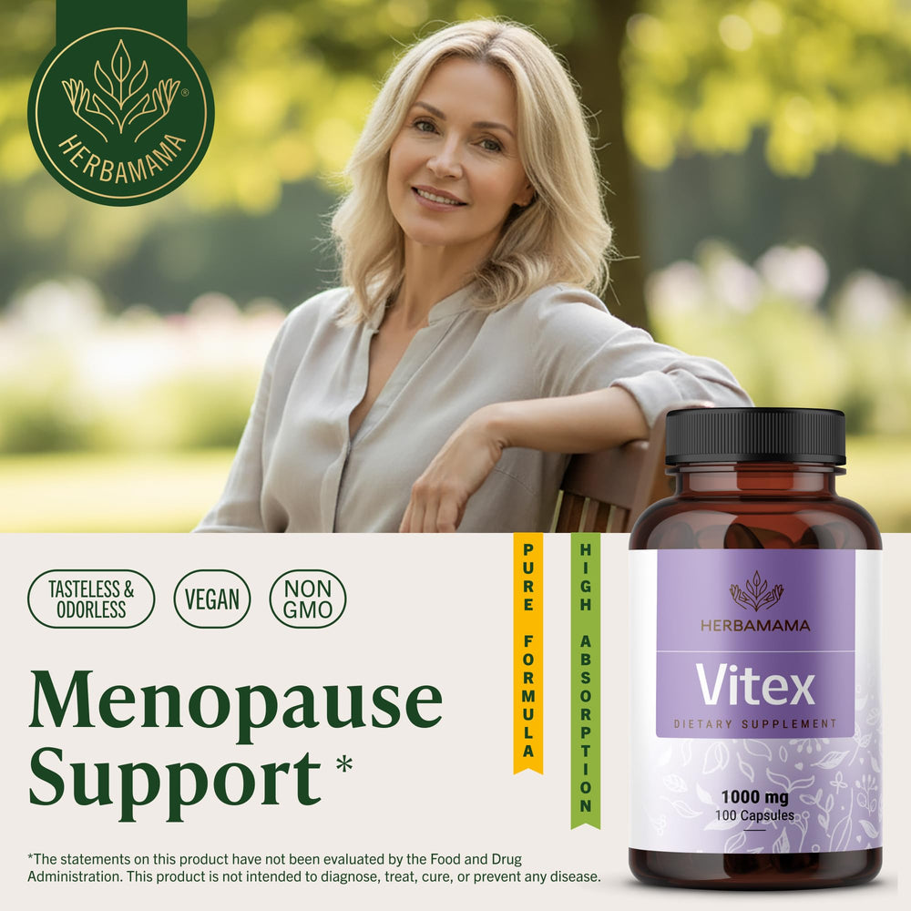 HERBAMAMA Vitex Berry Capsules pouring out capsules for easy daily use.