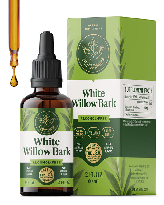 HERBAMAMA White Willow Bark Tincture bottle for everyday wellness.
