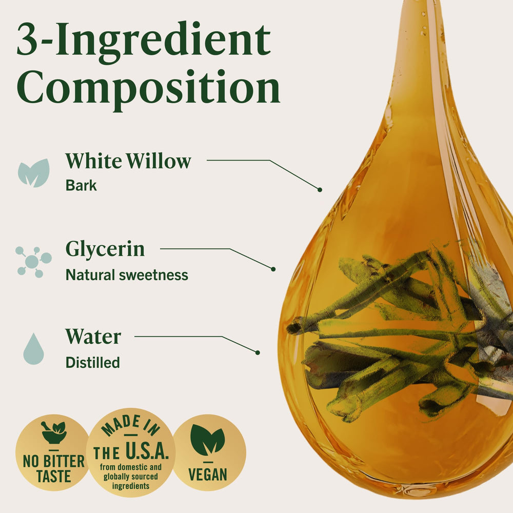 HERBAMAMA White Willow Bark Tincture bottle showing dosage guidance