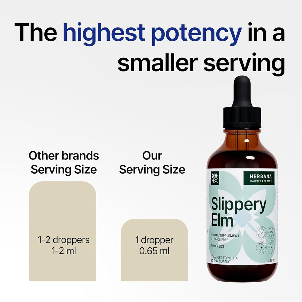 Back view of HERBANA Slippery Elm Bark bottle showing directions and ingredients.