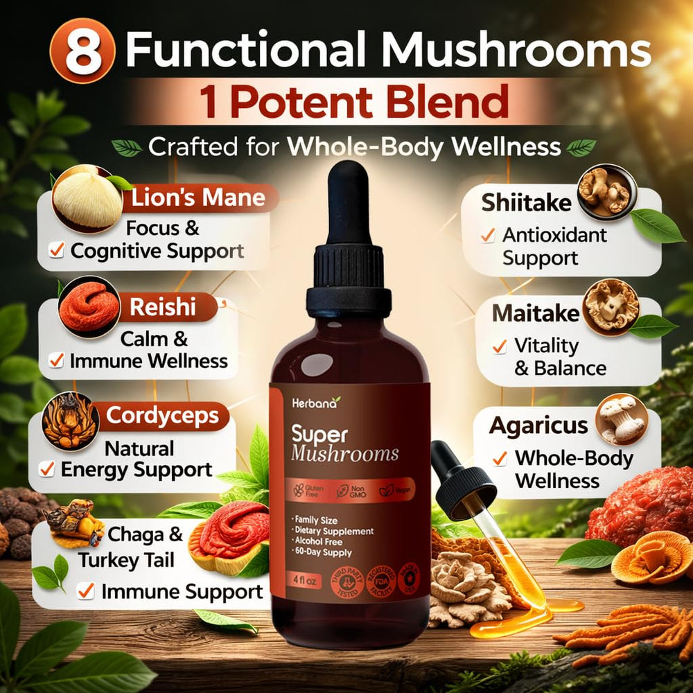 Herbana Super Mushroom Complex drops dissolving in water for quick absorption.