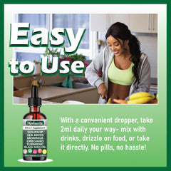 Herbavita Soursop Liquid Drops black seed oil shot highlights balanced immune support.