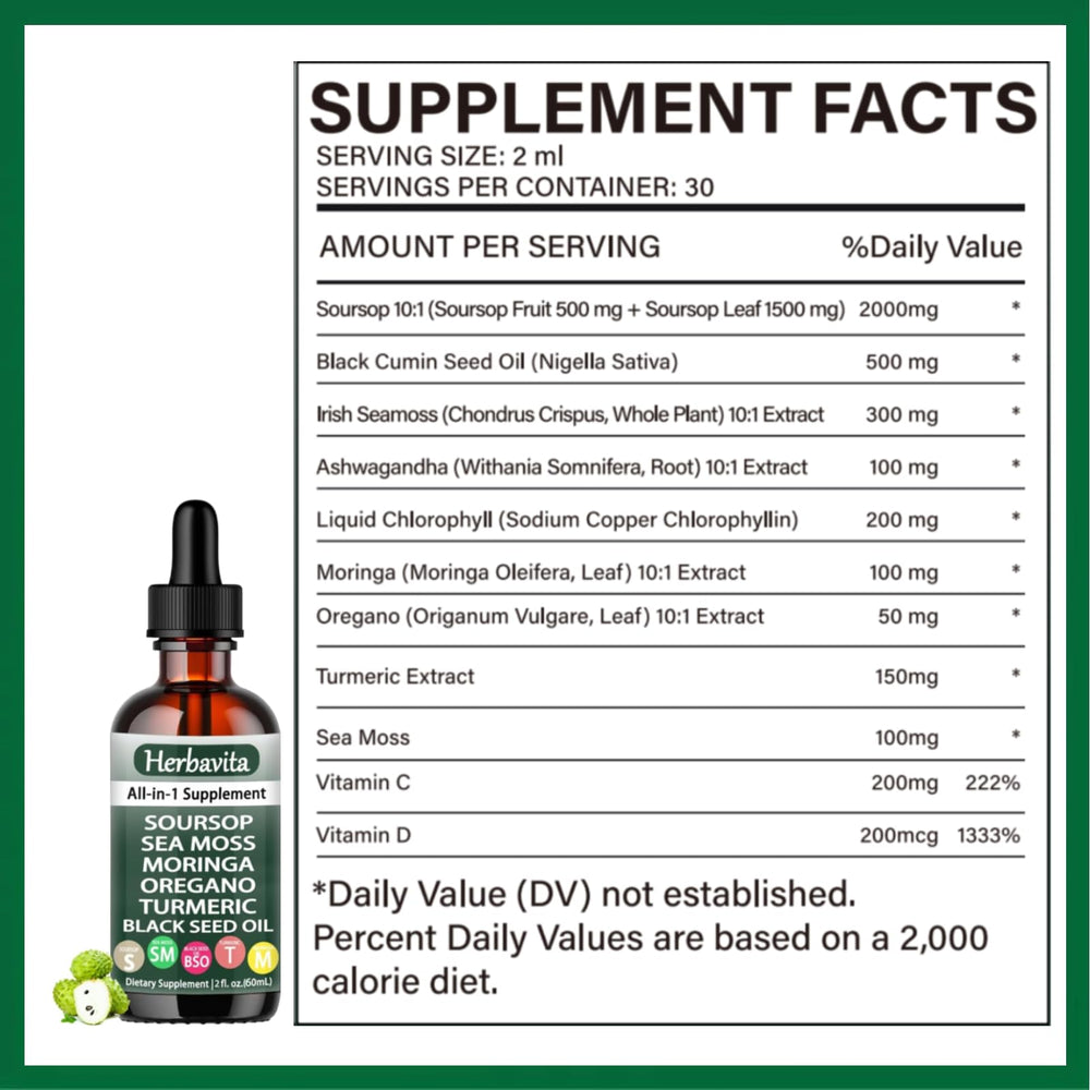 Herbavita Soursop Liquid Drops ingredients blend highlights sea moss and moringa synergy.